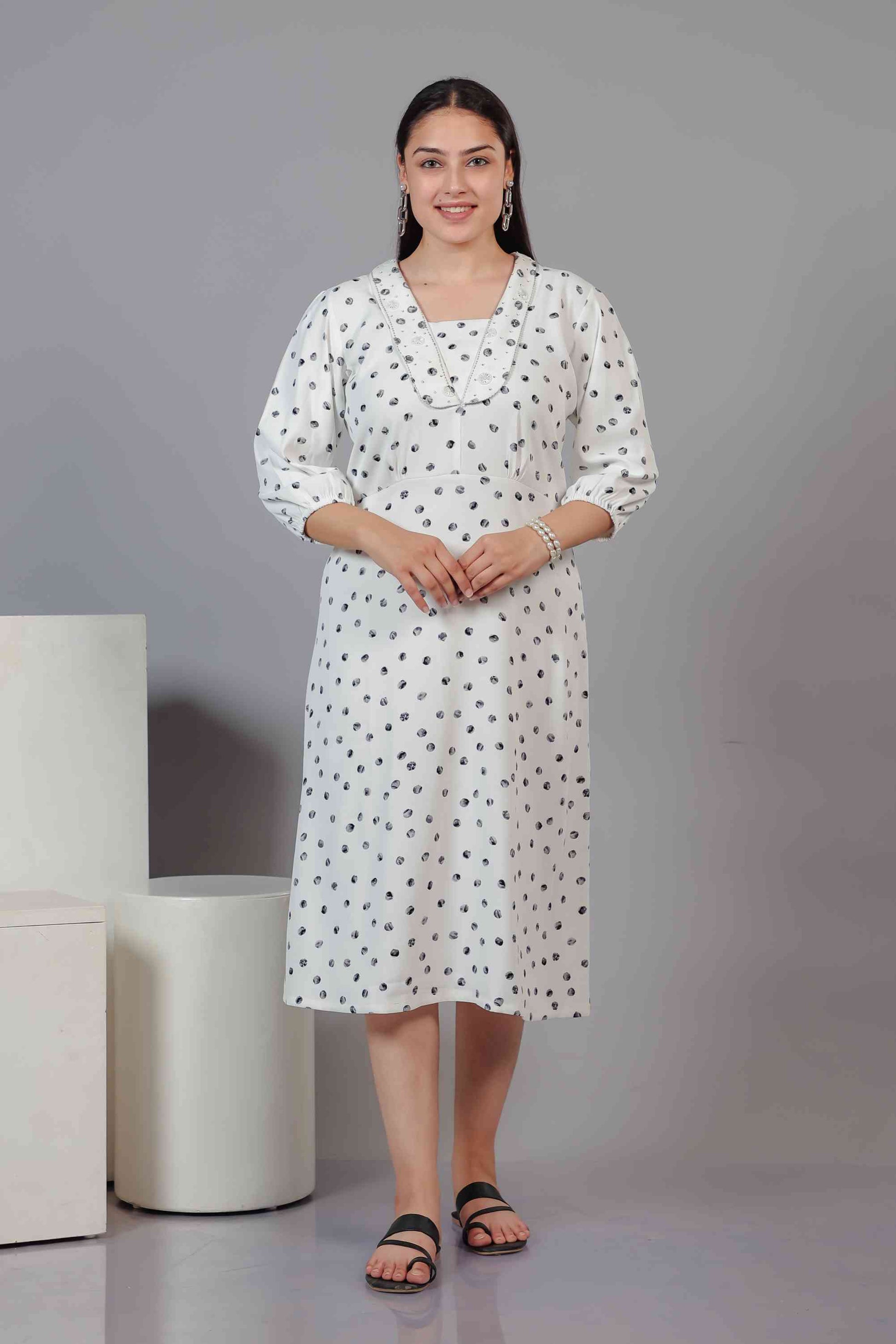 White Lycra with Pearl Handwork & Black Dots Printed Maxi Dress
