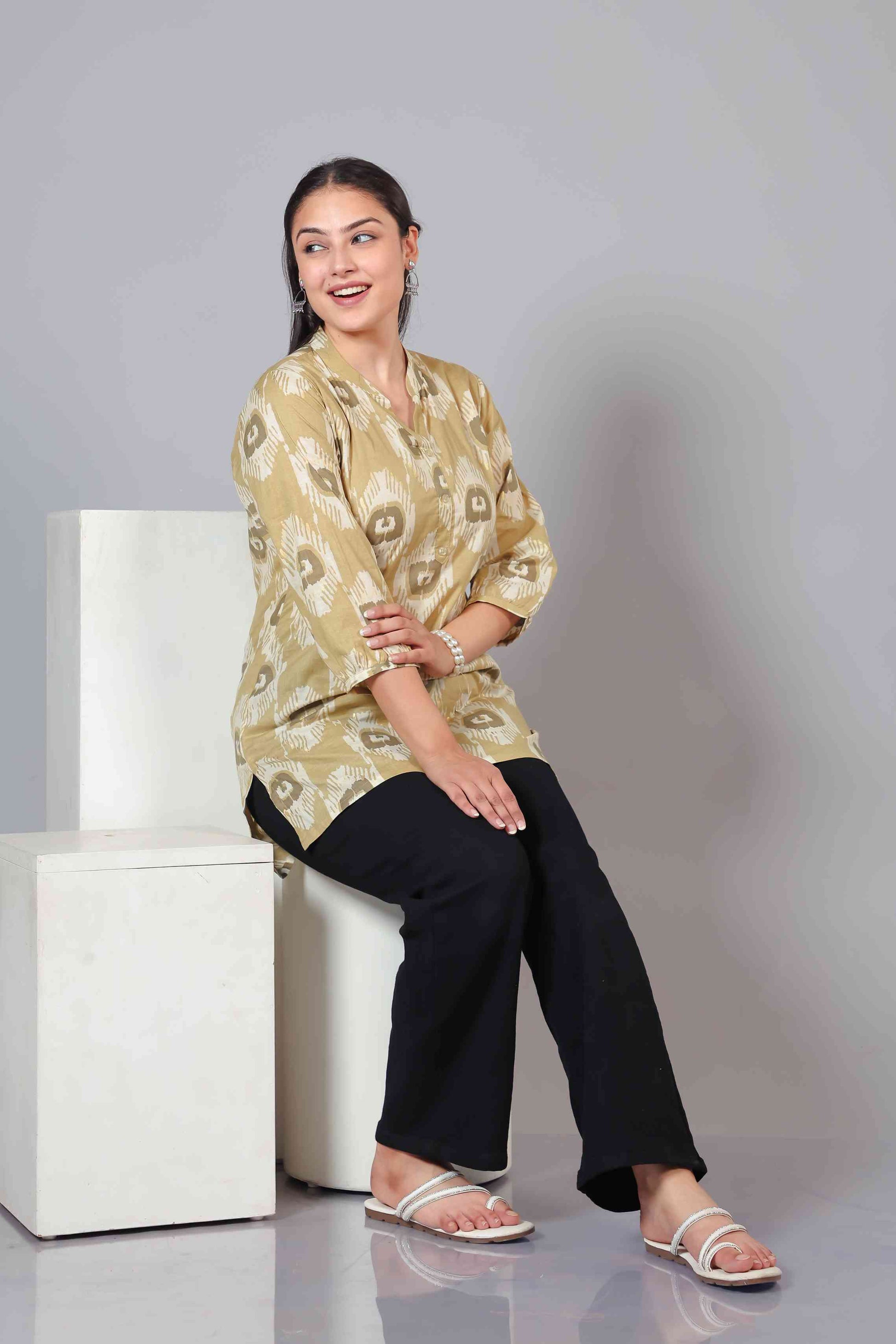 Metallic Gold Brown Cambric Cotton Printed Top