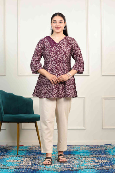 Wine Color Muslin Printed Top
