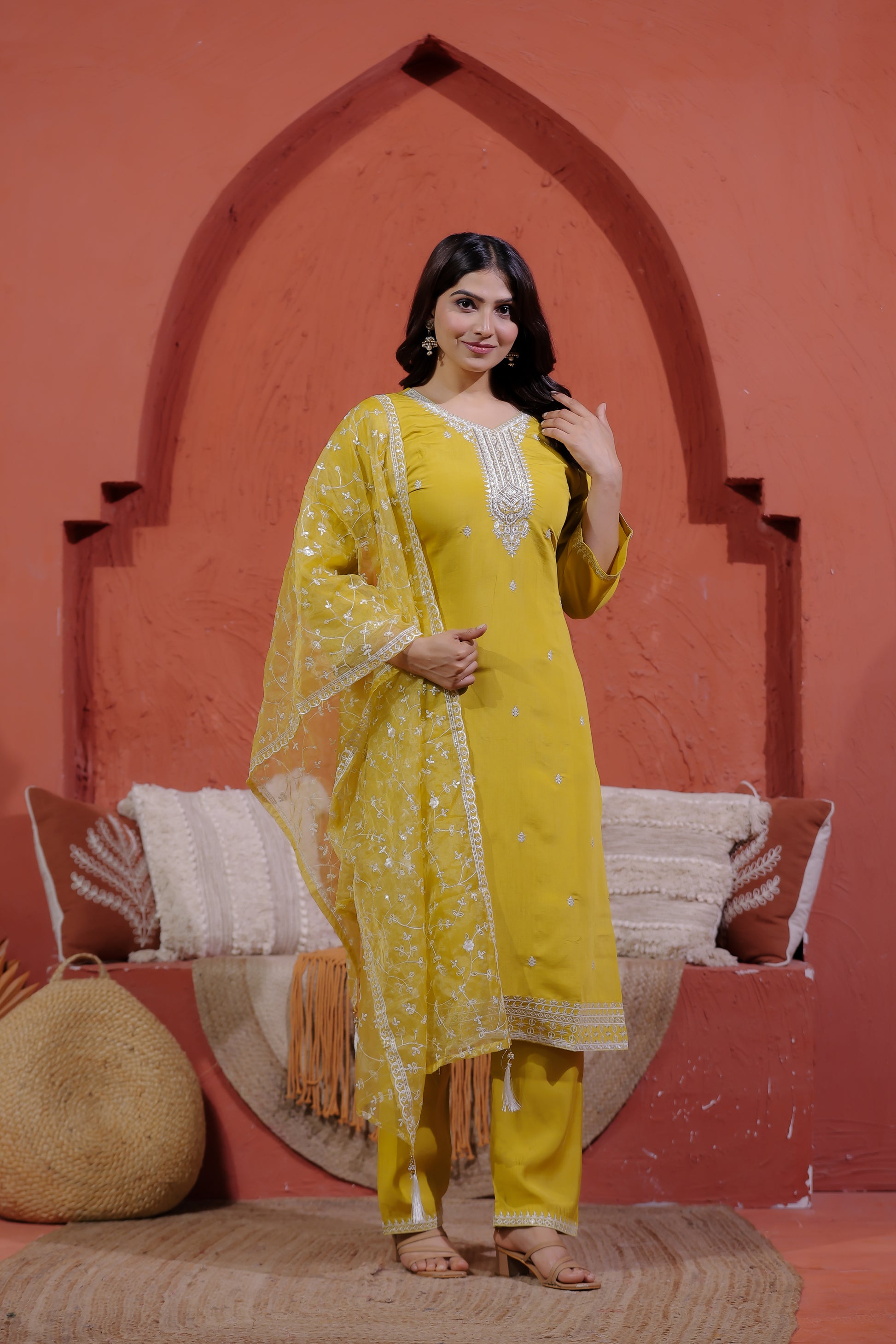 Mustard Yellow Muslin Suit with Thread Work, Straight Pant & Dupatta