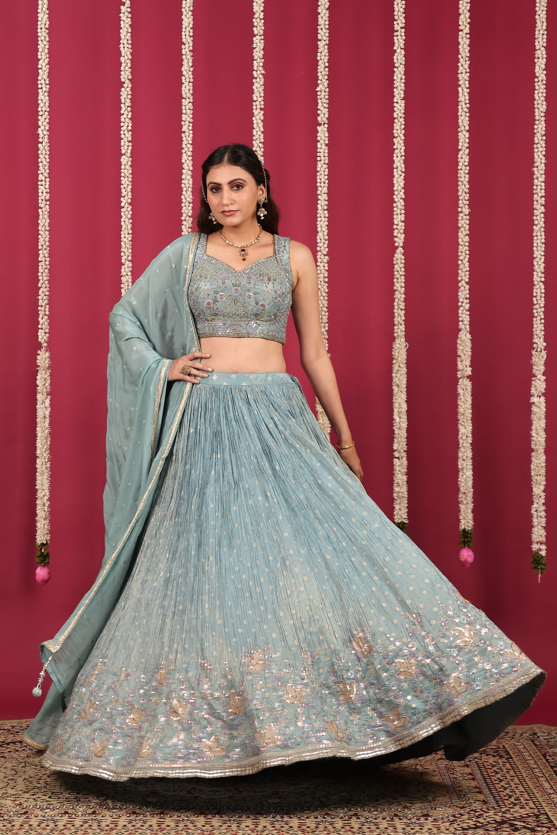 Sky Blue Mosh Silk Lehenga with Banarsi Butti Thread Work with Blouse & Dupatta
