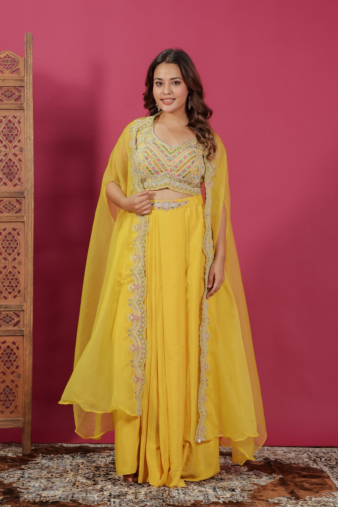 Yellow Crepe Silk Blouse with Hand & Thread Work, Sharara & Shrug