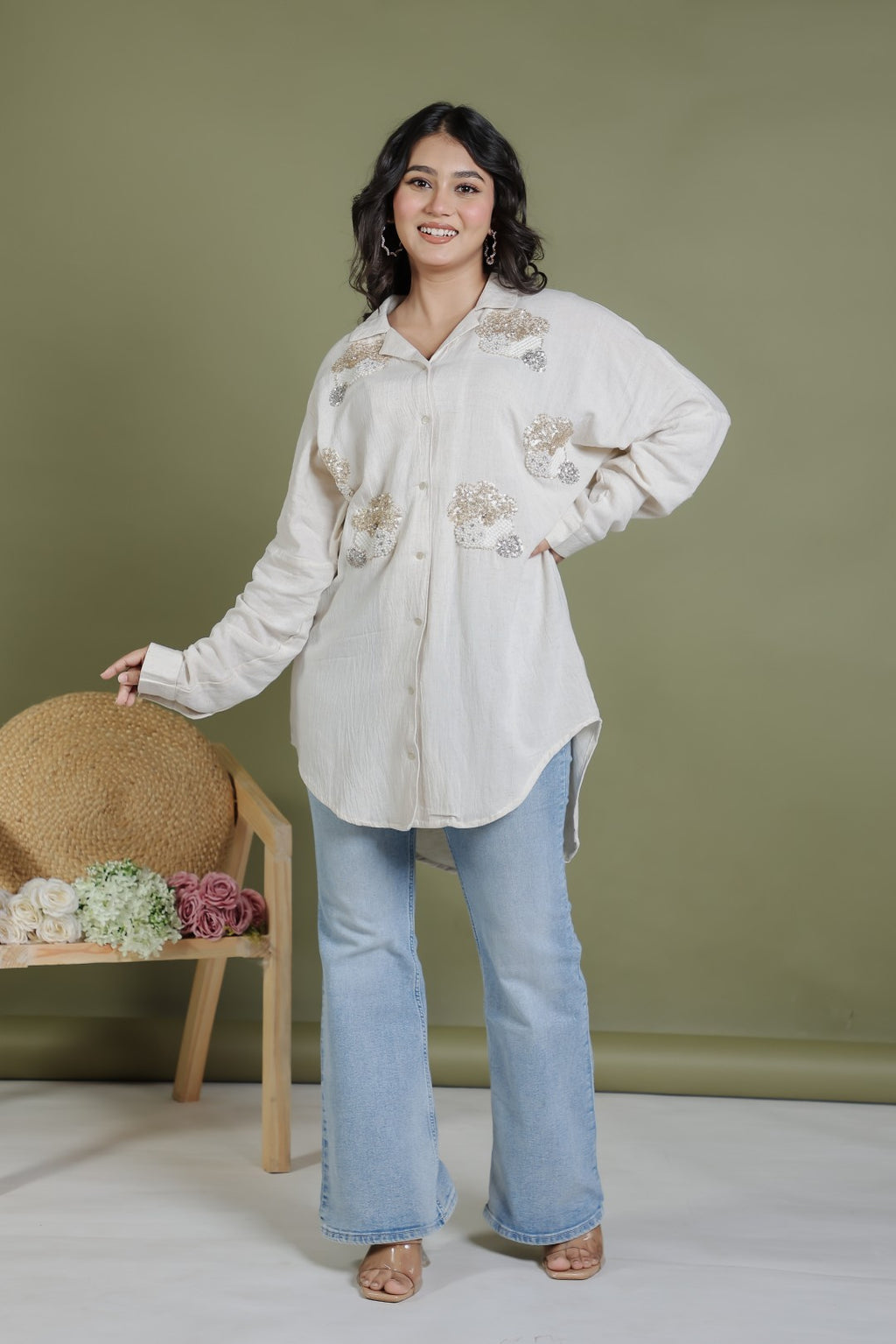 Offwhite Khadi Cotton Shirt with Sequence Handwork