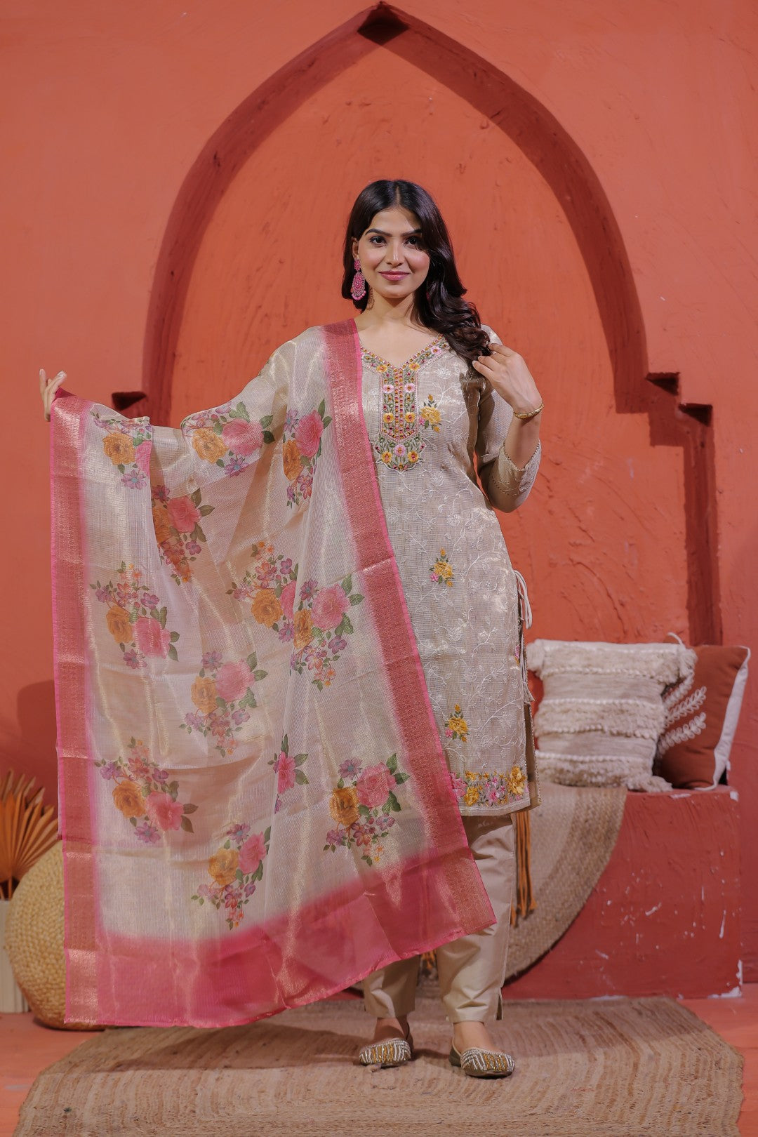 Beige Pure Chanderi Silk Suit with Thread Jaal Embroidery, Pant & Dupatta