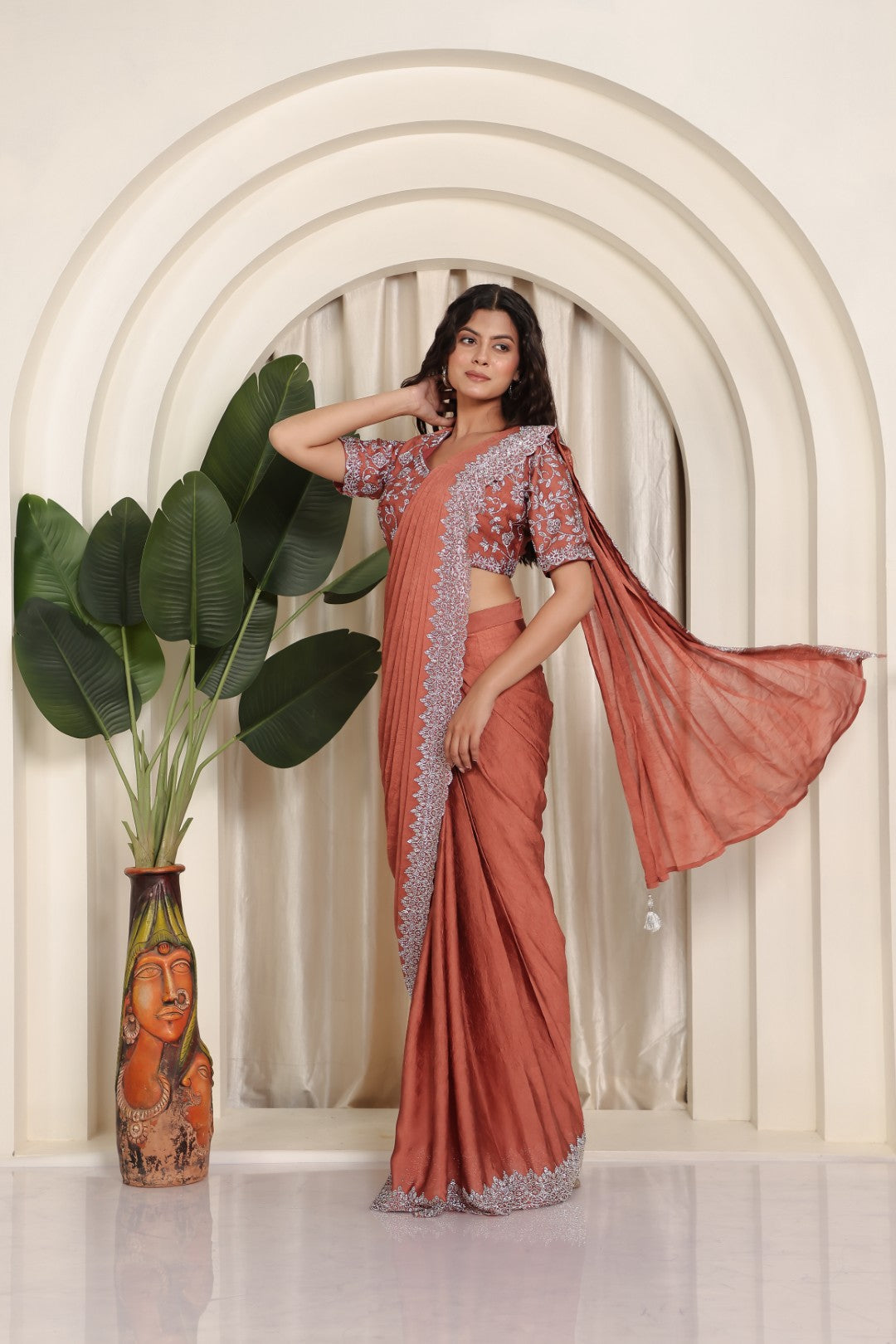 Rust Mosh Crush Draped Saree with Jarkan Work & Matching Blouse