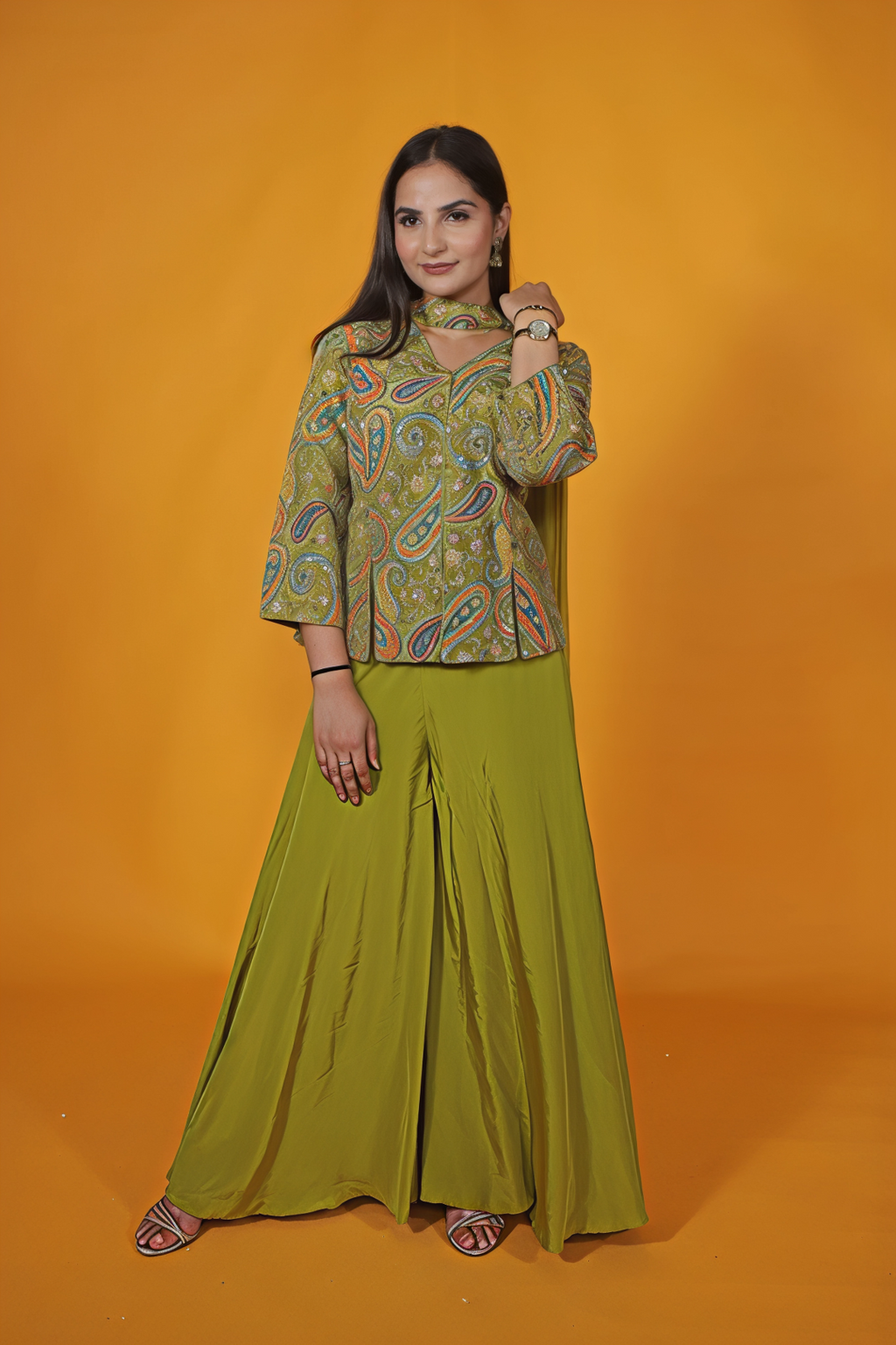 Green HO Silk Top with Position Print & Zari Work, Sharara & Dupatta