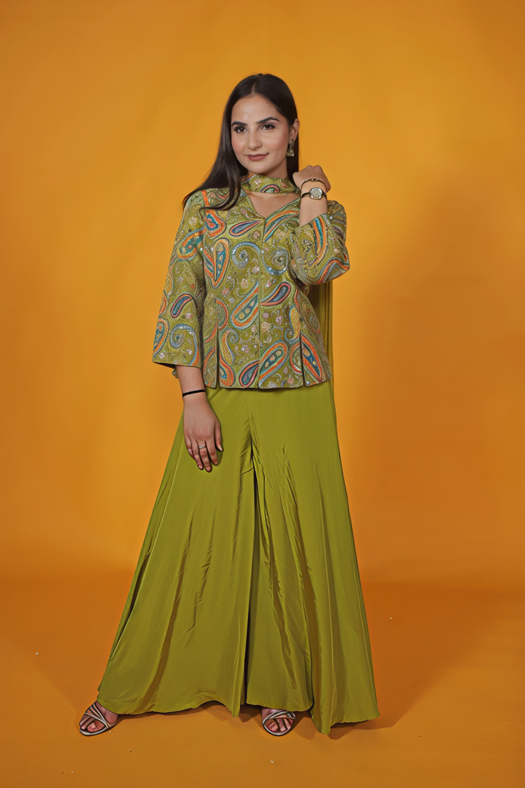 Green HO Silk Top with Position Print & Zari Work, Sharara & Dupatta
