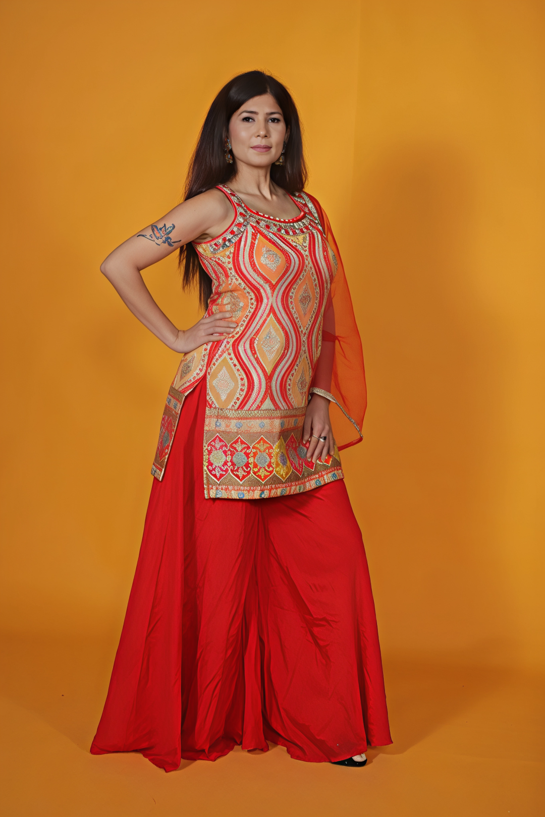 Red HO Silk Top with Position Printed Banarsi Work, Sharara & Net Dupatta