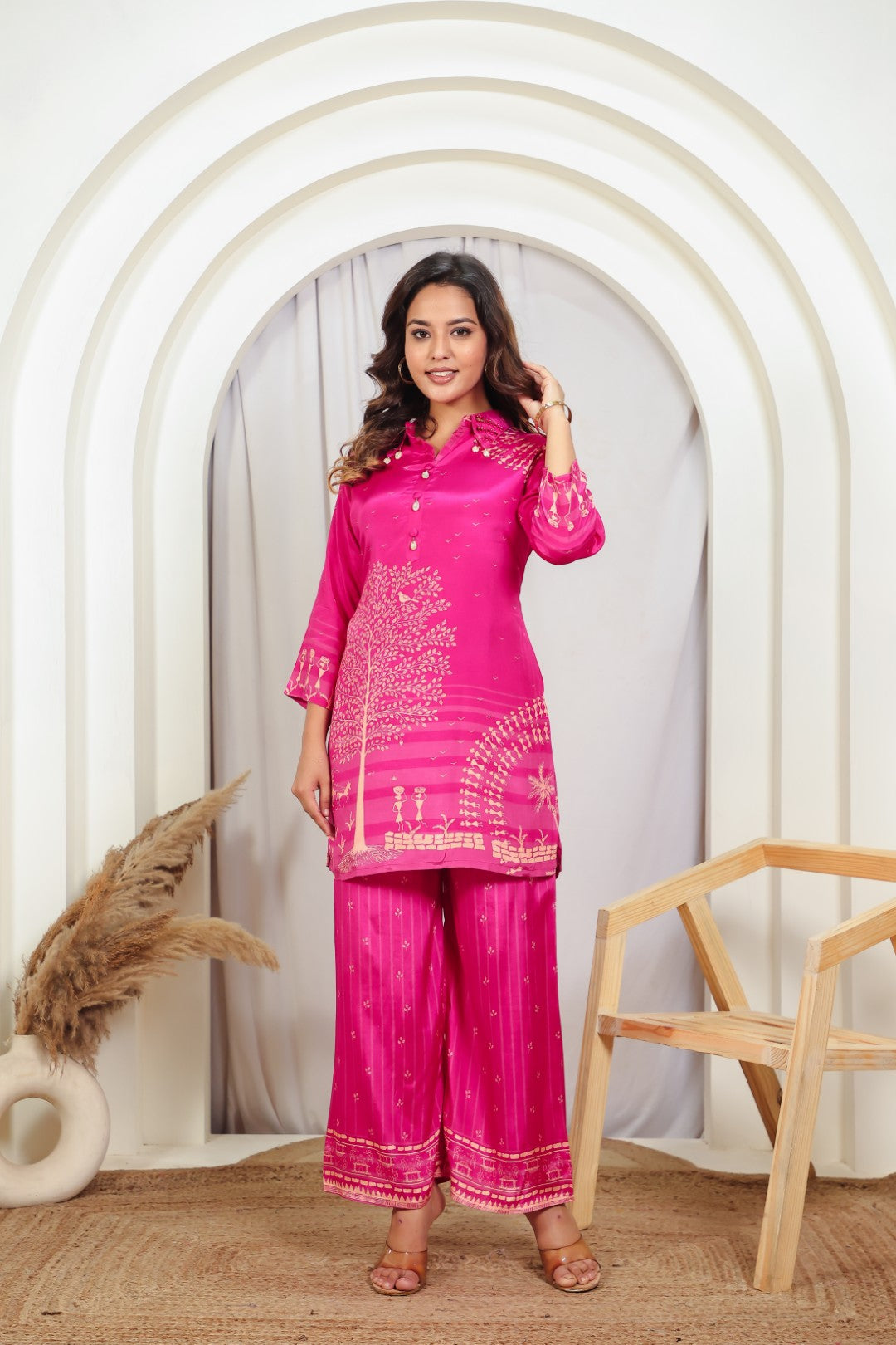 Rani Pink Silk with Tree Printed Co-ord Set