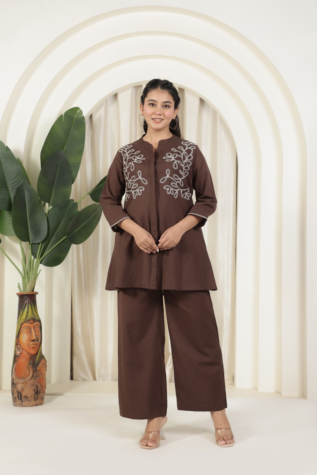 Coffee Brown Jute Linen Co-ord Set with Thread Handwork