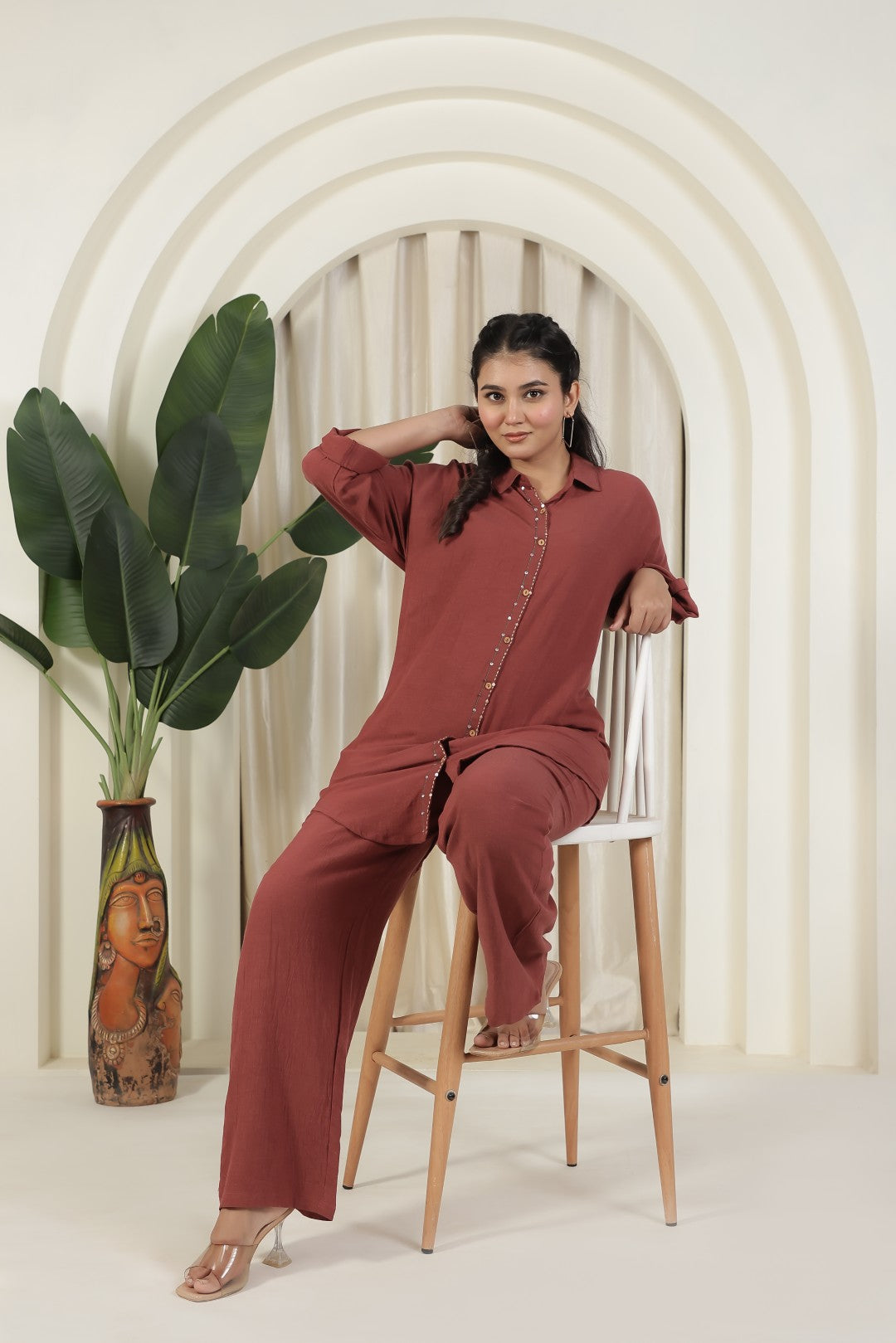 Rusty Brown Wrinkled Cotton Top with Back Thread & Sequence Work with Matching Pant