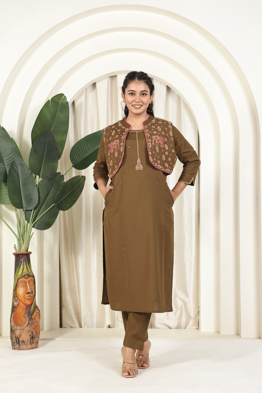 Mehendi Green Jute Linen Suit with Short Jacket and Pant