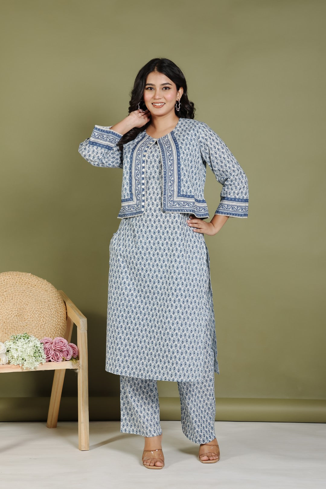 Offwhite Cotton Suit with Blue Prints and Paired With a Matching Jacket & Pant