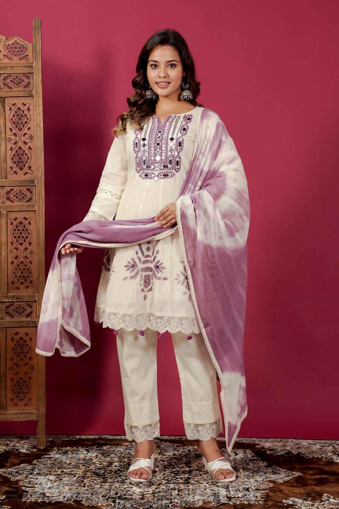 Off White Cotton Suit with Dollar Butti, Mirror & Handwork Neck, Block Print, Pant & Dupatta