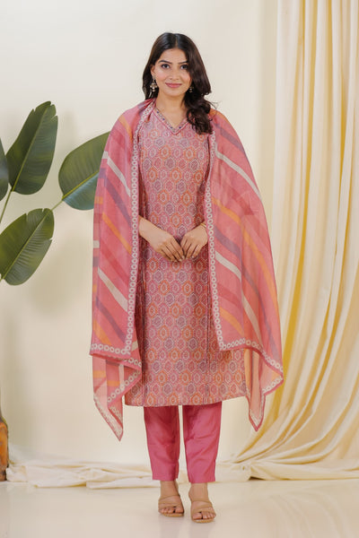 Multicolor Muslin Foil Printed Suit with Bottom & Dupatta