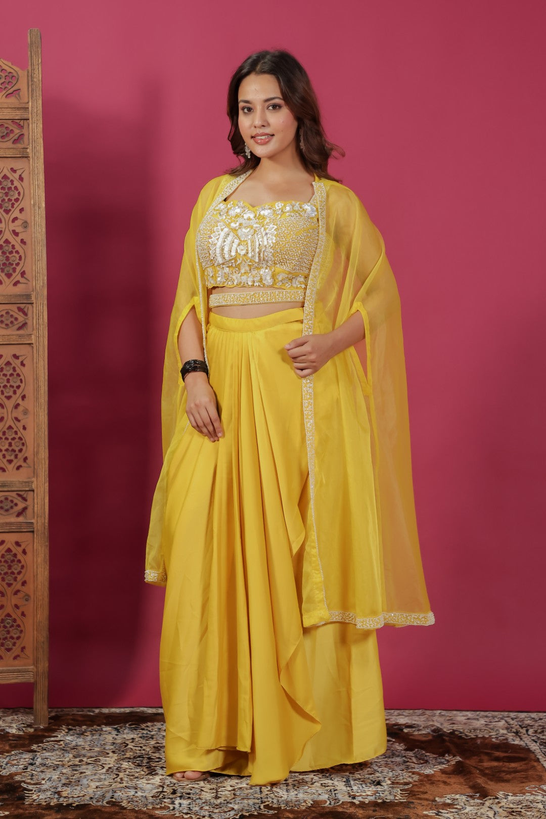 Yellow Satin Silk Dhoti Set with Pearl Handwork Blouse & Shrug