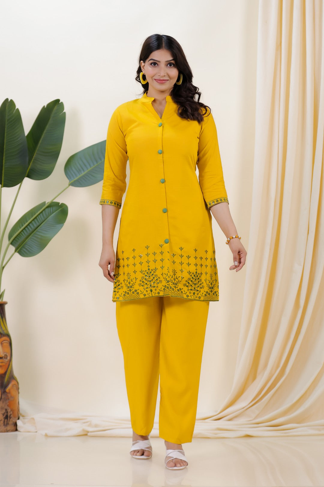 Mustard Yellow Muslin with Sequin Thread Work Co-ord Set