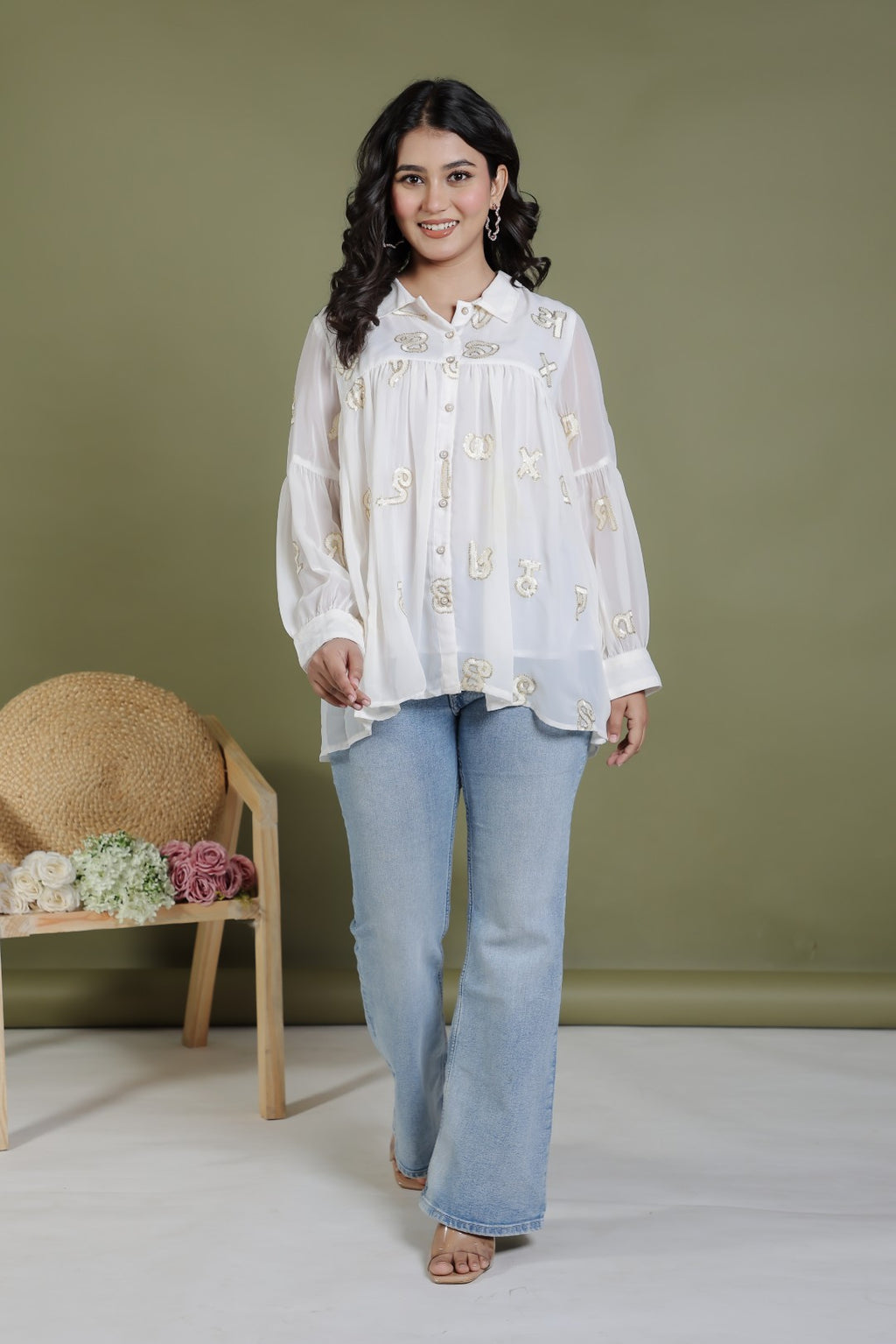 Offwhite Georgette Shirt with Thread Sequence Work