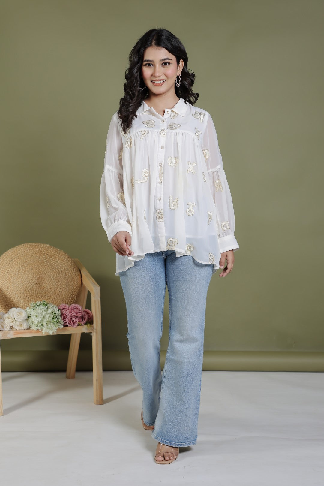 Offwhite Georgette Shirt with Thread Sequence Work
