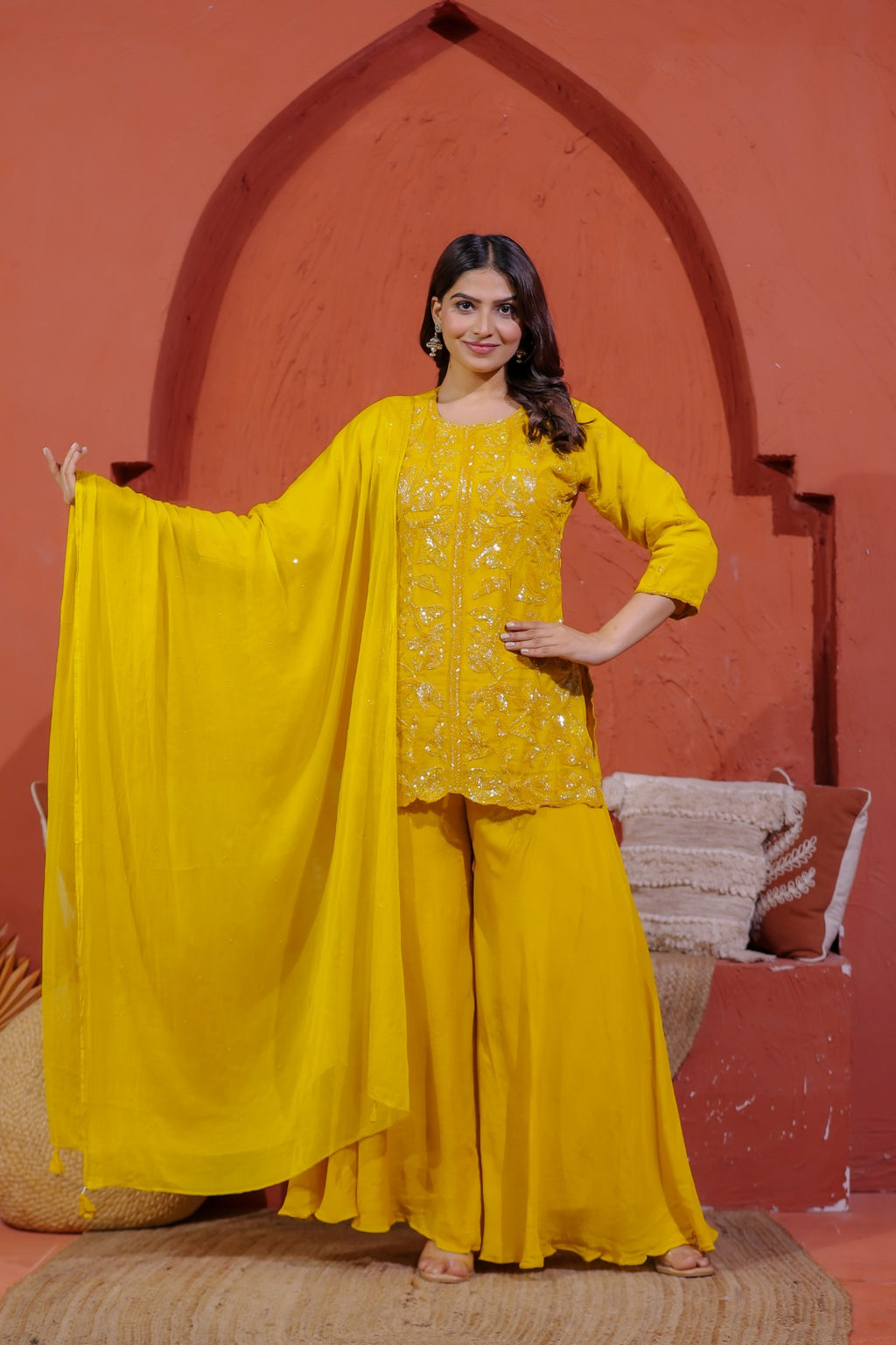 Yellow Pure Organza Top with Sequin Handwork, Sharara & Dupatta