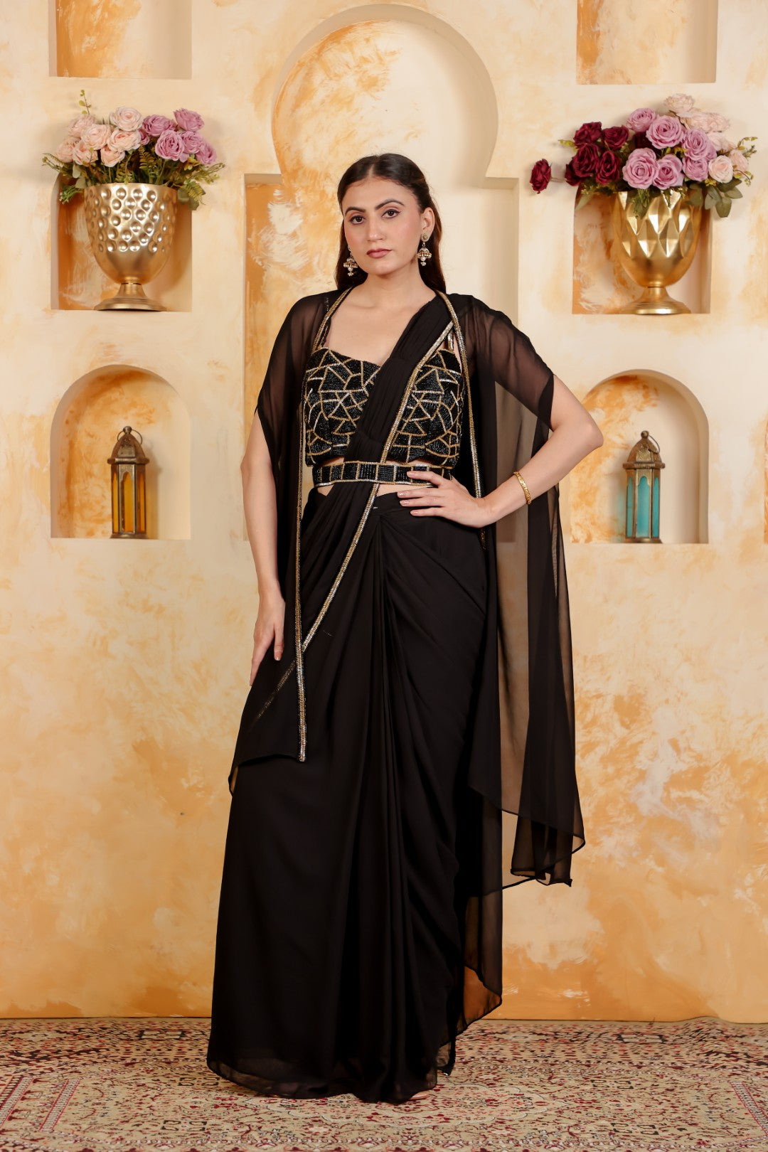 Black Georgette Drape Saree with Belt, Piping Work Blouse & Shrug