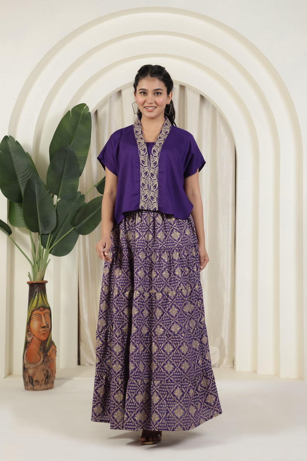 Purple Cotton Top with Zariwork and Foil Printed Skirt