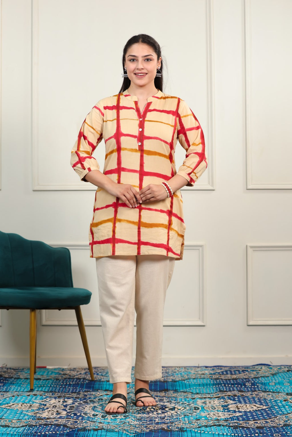 Beige Cambric Cotton with Block Prints Short Kurti