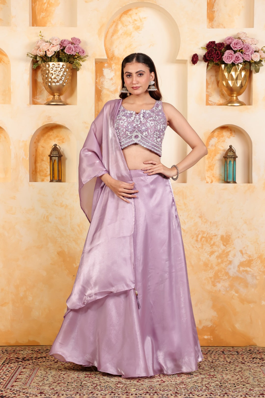 Lavender Jimmy Choo Lehenga with Piping Handwork Blouse & Dupatta