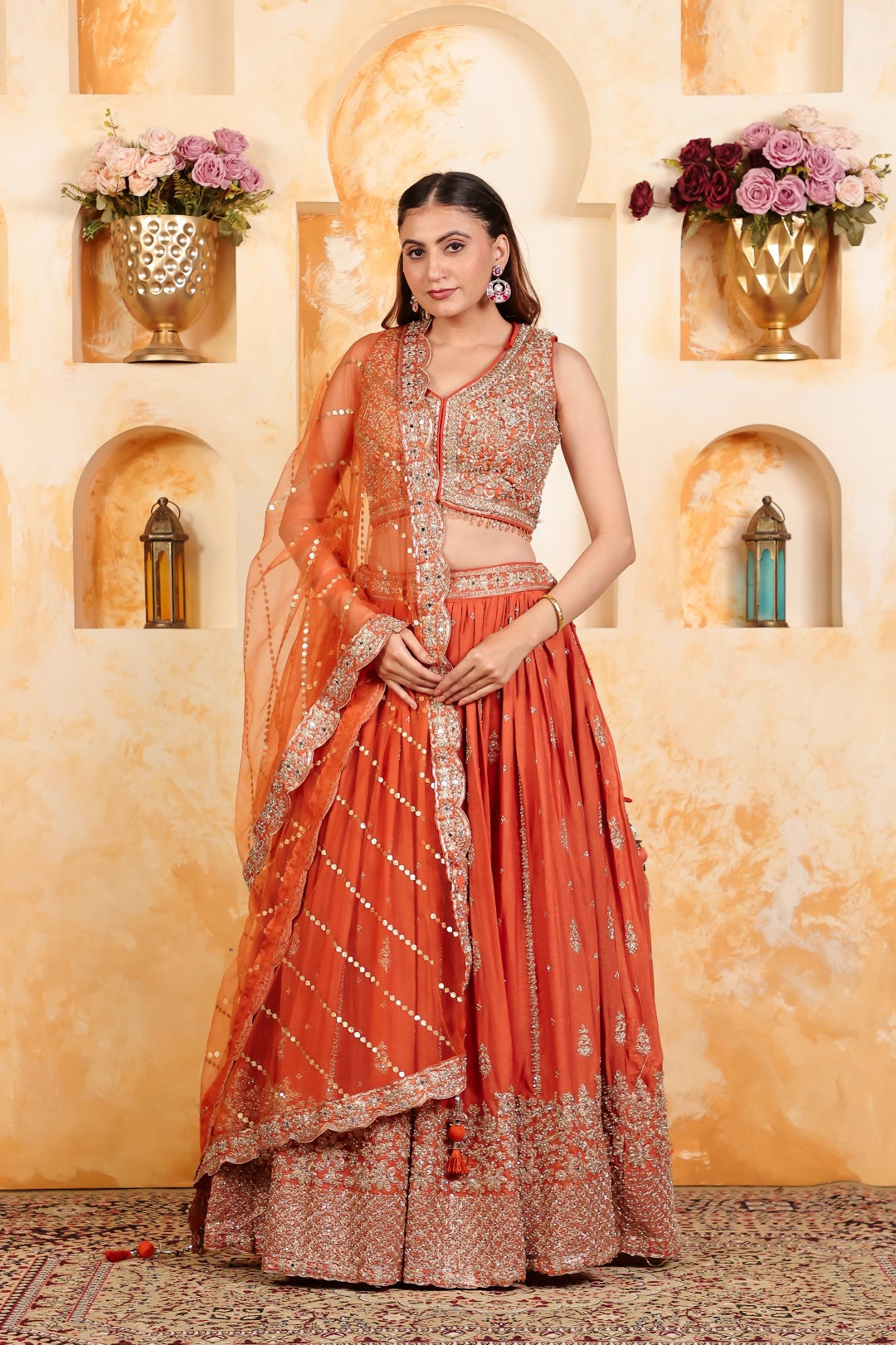 Rust Simmer Chinon Lehenga Zari work with Matching Blouse & Net Dupatta