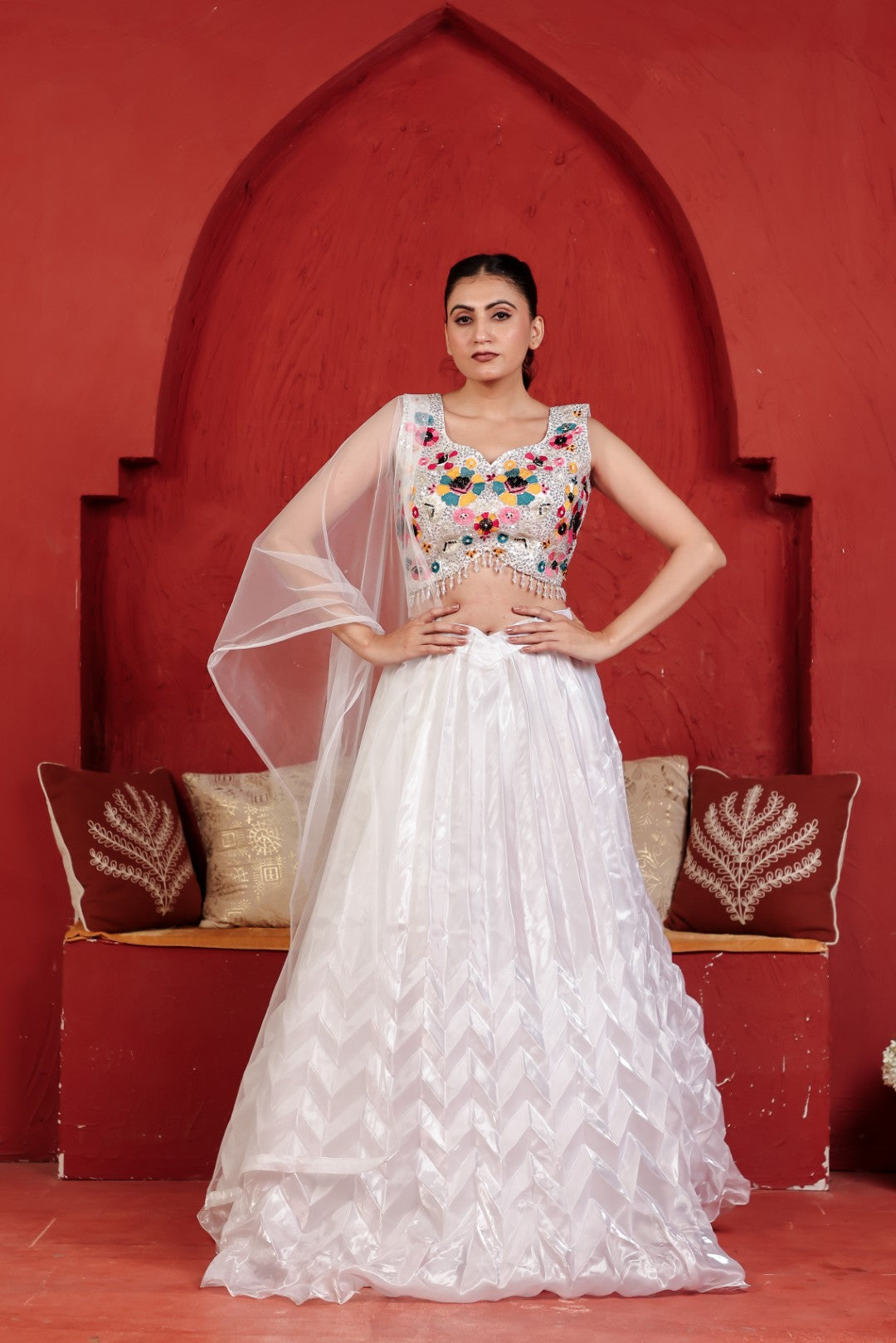 White Jimmy Choo Lehenga with Handwork Blouse & Net Dupatta