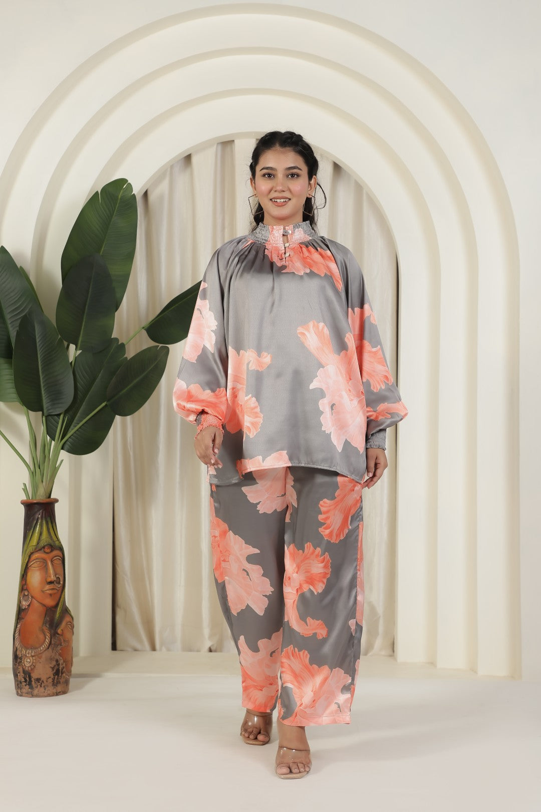 Steel Grey Satin Top with Flower Prints and Paired with Matching Bottom