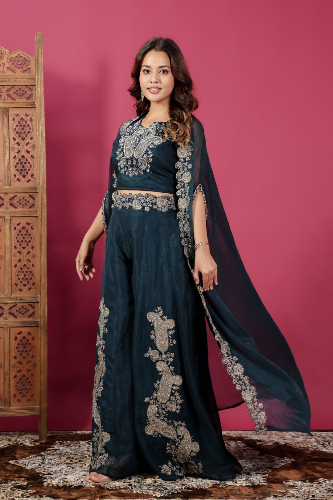 Dark Teal Blue Lurex Chiffon blouse with Patch Handwork, Sharara & Shrug