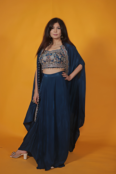 Dark Teal Blue Crepe Silk Blouse with Zari Handwork, Dhoti & Shrug