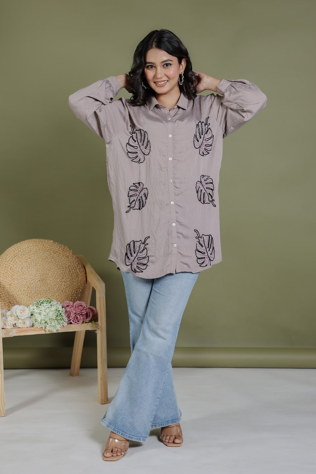Charcoal Cotton Shirt with Sequence Handwork