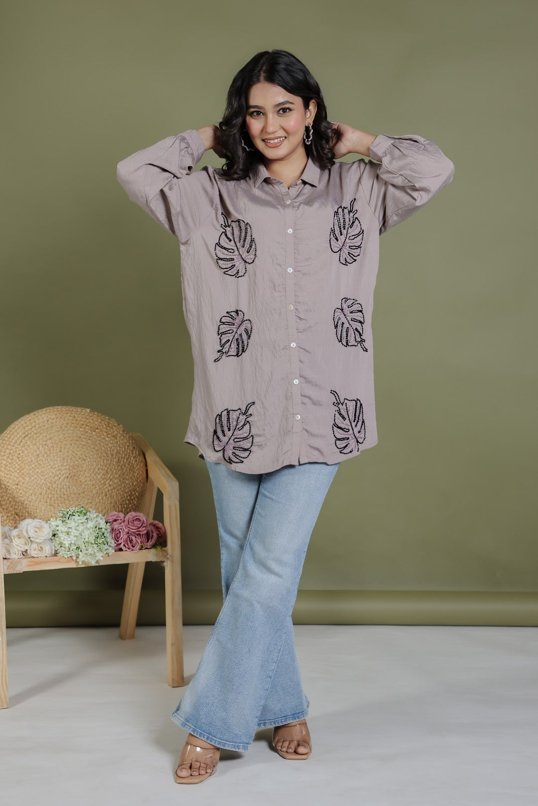 Charcoal Cotton Shirt with Sequence Handwork