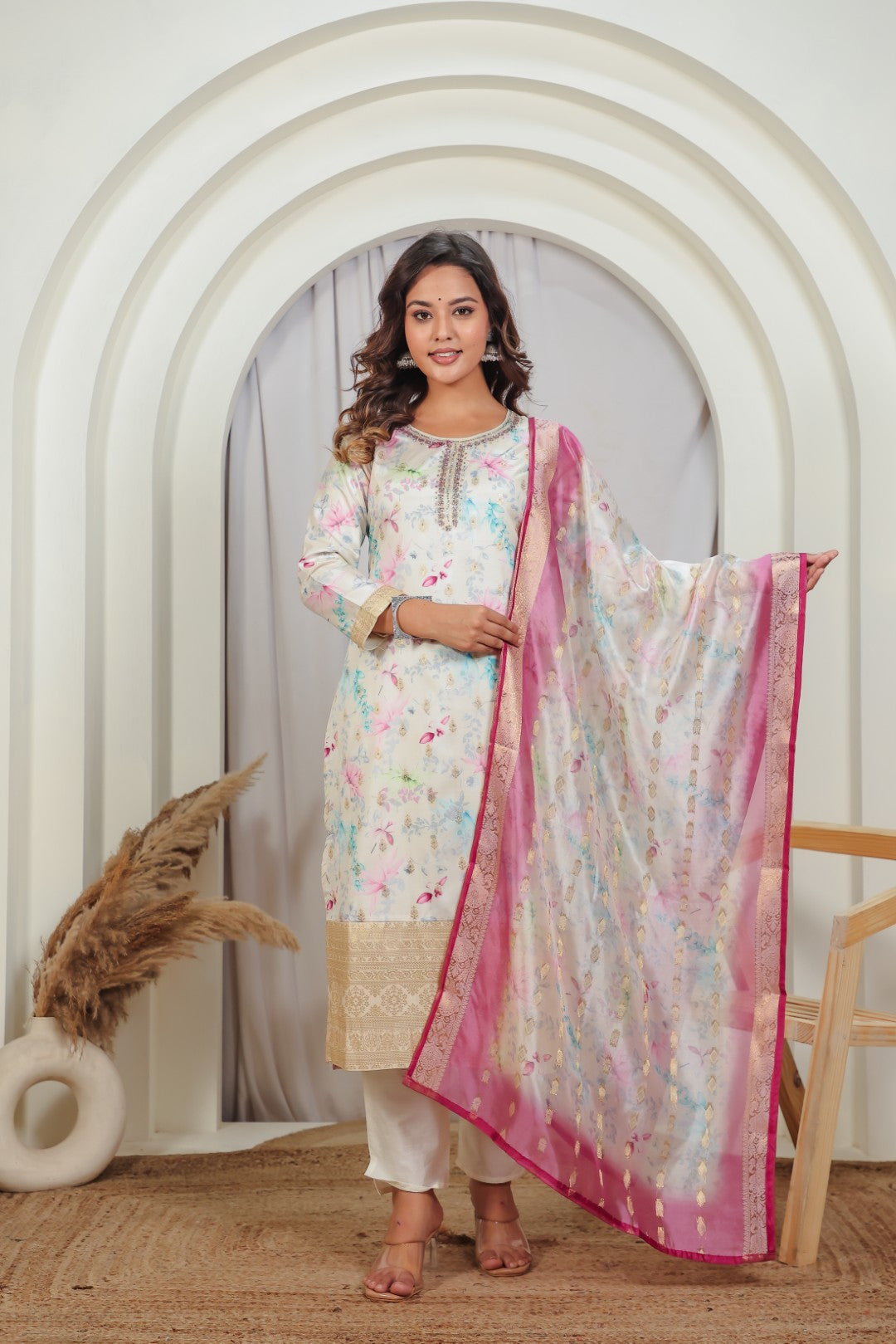 Off White Muslin Silk Suit with Colorful Floral Print, Pant & Dupatta