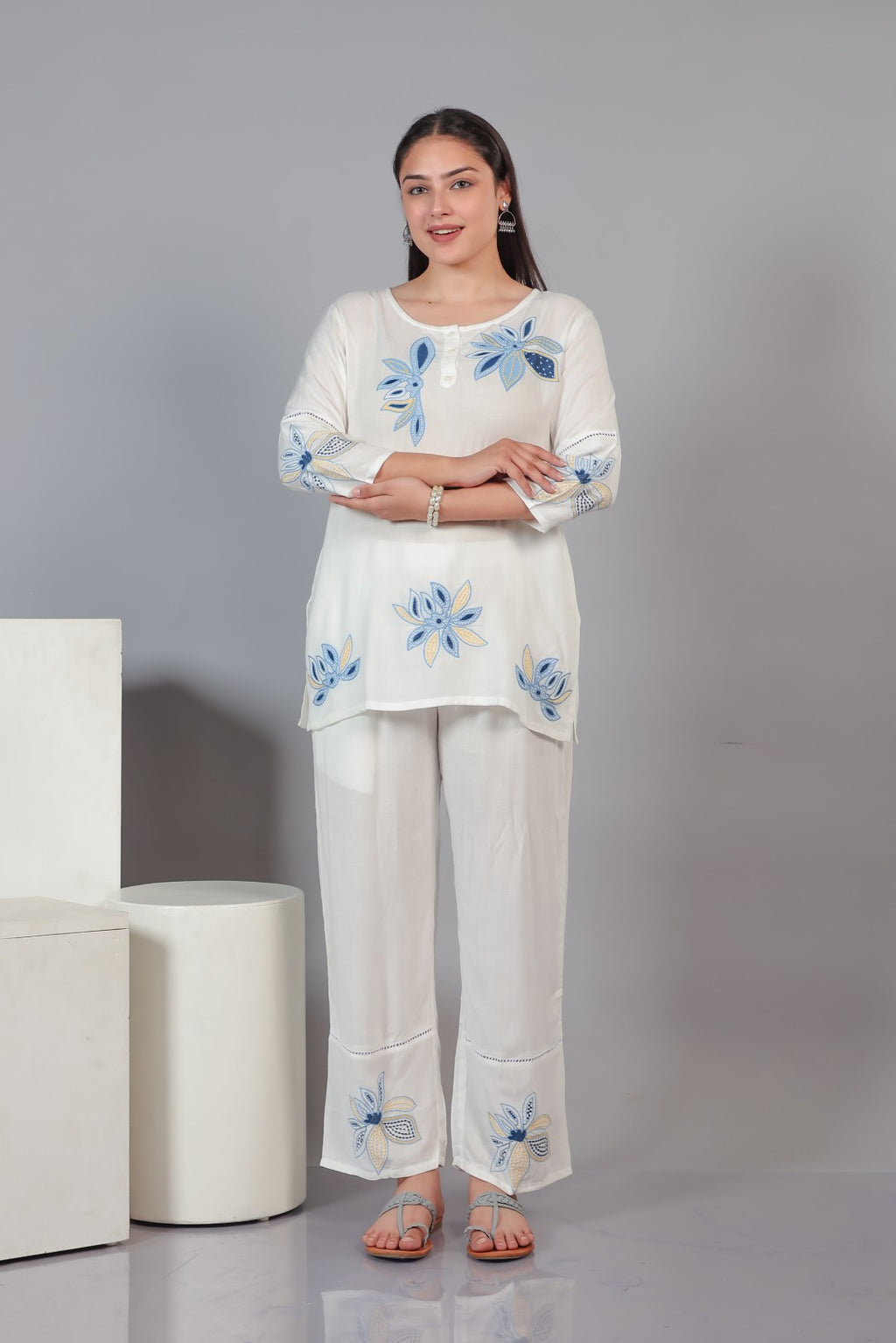 White Rayon with Thread Embroidery Co-ord Set