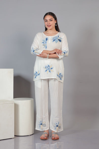 White Rayon with Thread Embroidery Co-ord Set