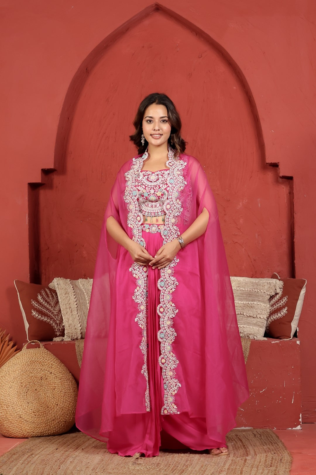 Dark Pink Crepe Silk Dhoti with Handwork Blouse & Shrug