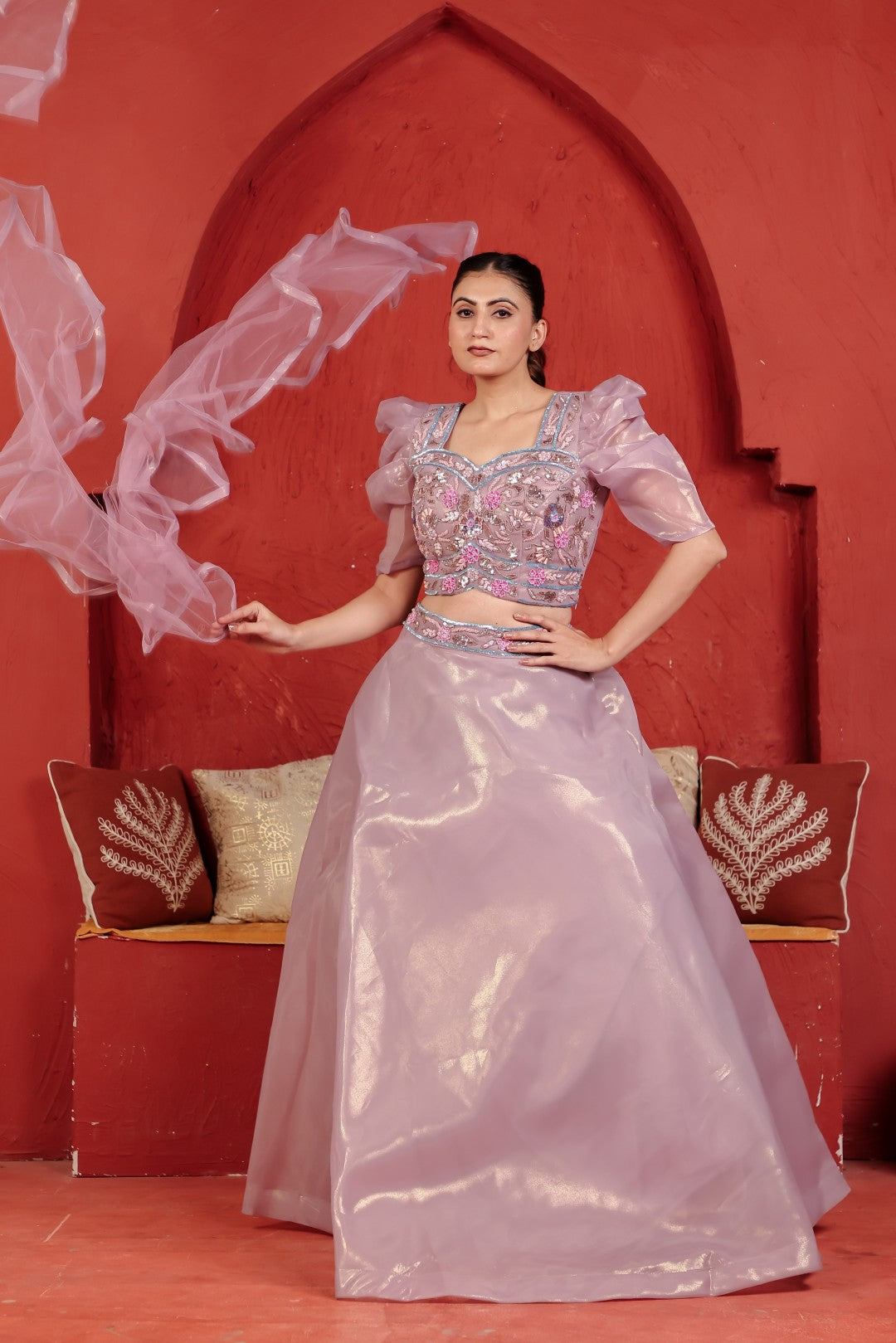 Lavender Net Lehenga with Handwork Blouse & Dupatta