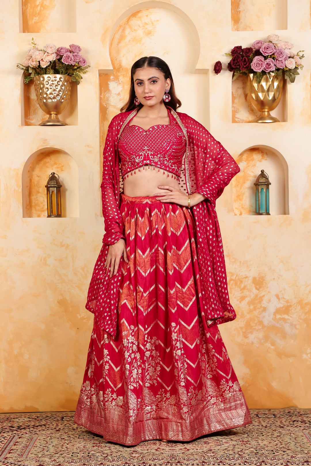 Rani Pink Dola Silk Blouse with Zari Work, Lehenga & Dupatta