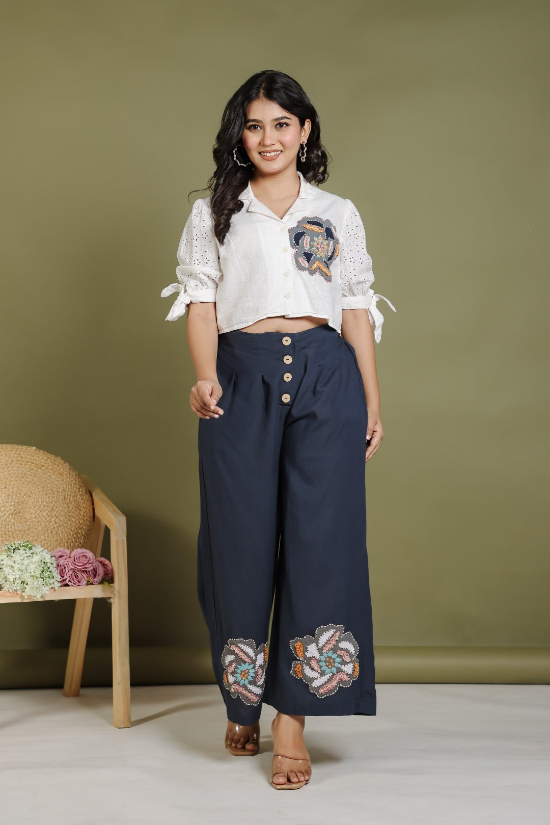 Offwhite Cotton Top with Patch Thread Work and Teal Blue Linen Cotton Palazzo Pant