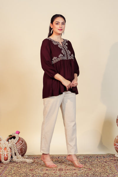 Dark Brown Rayon Thread Work Top