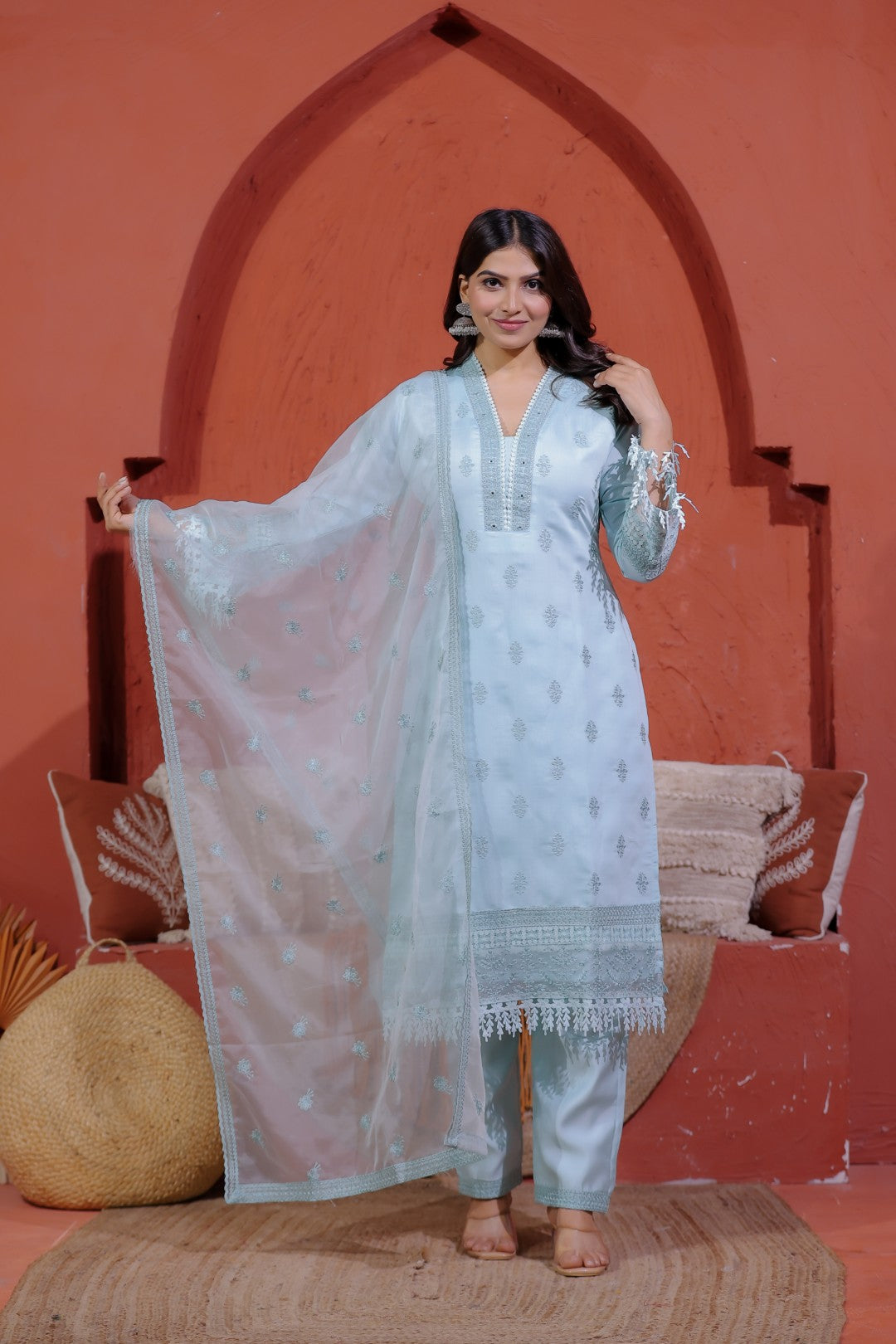 Sky Blue Muslin Silk Suit with Thread Embroidery, Bottom & Dupatta