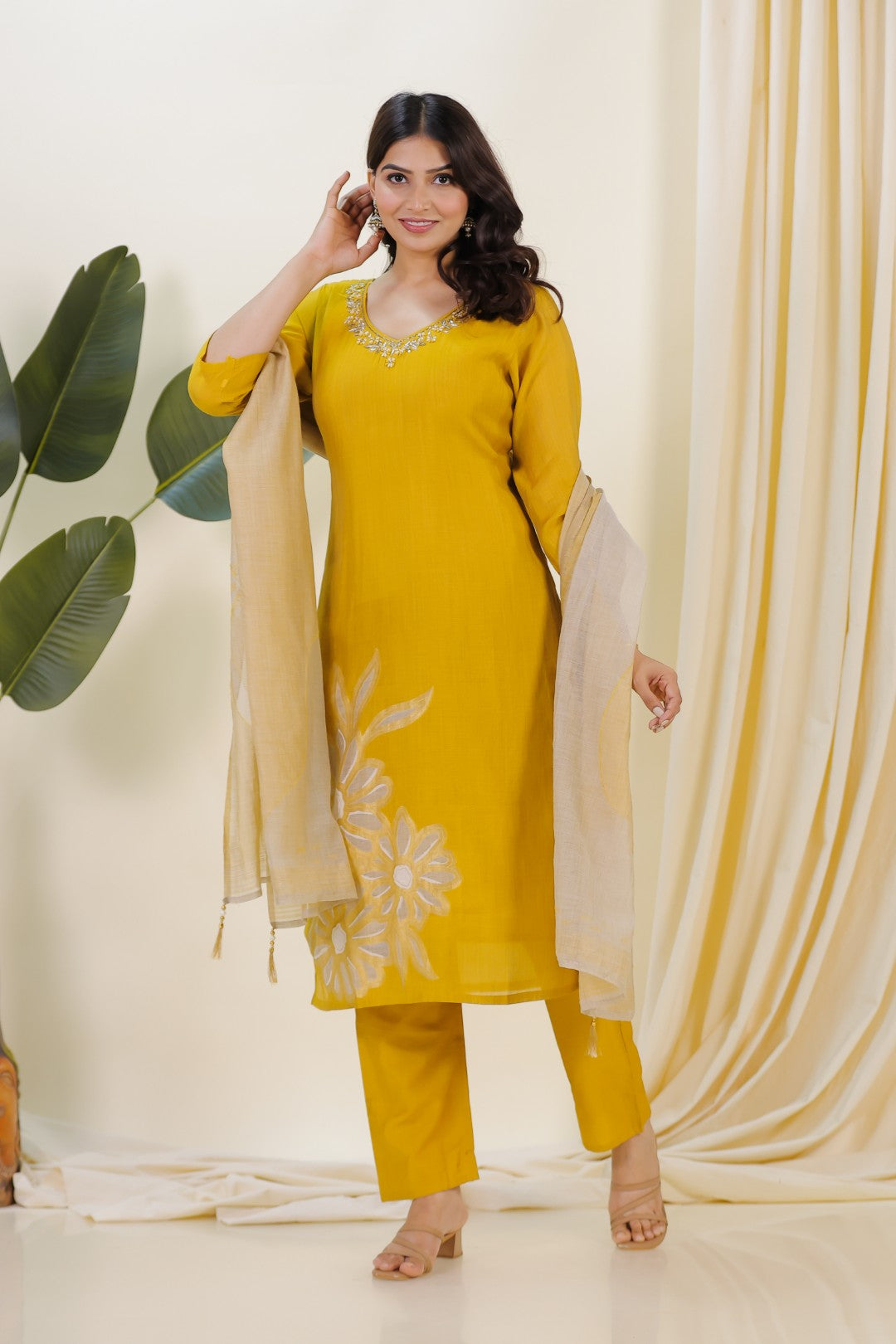 Yellow Chanderi Silk Suit with Banarasi Floral Print, Bottom & Dupatta