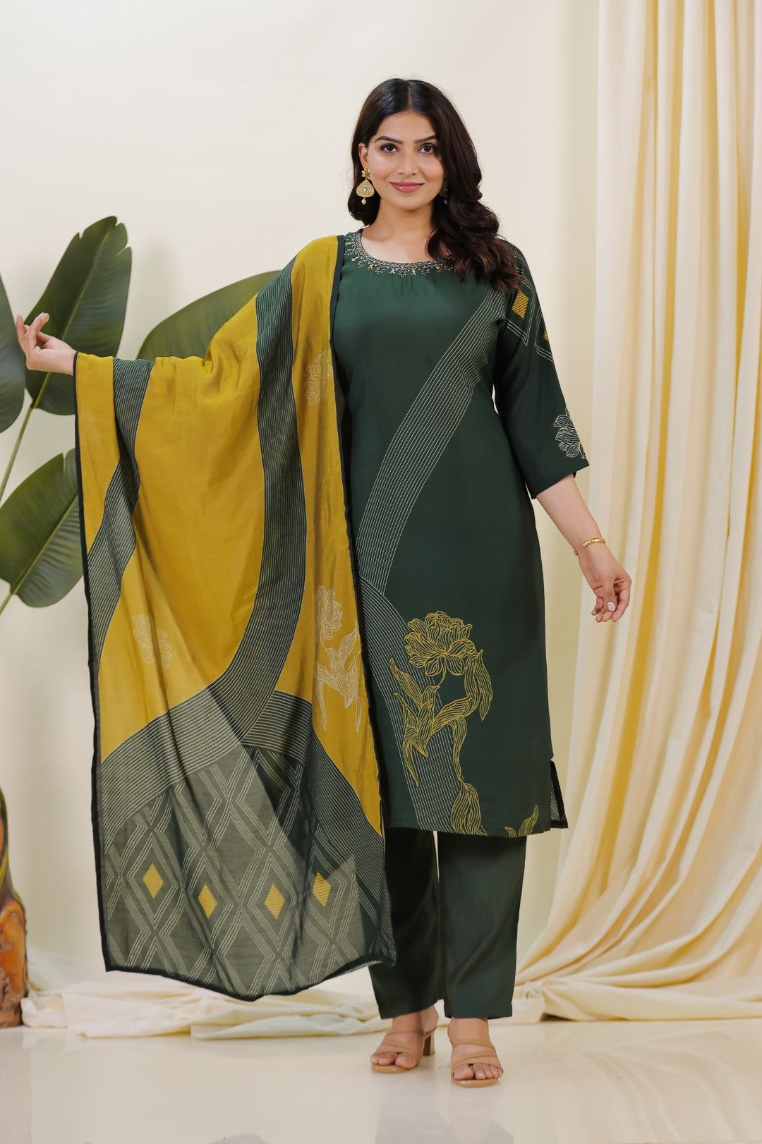 Dark Green Muslin Printed Handwork Suit with Bottom & Dupatta