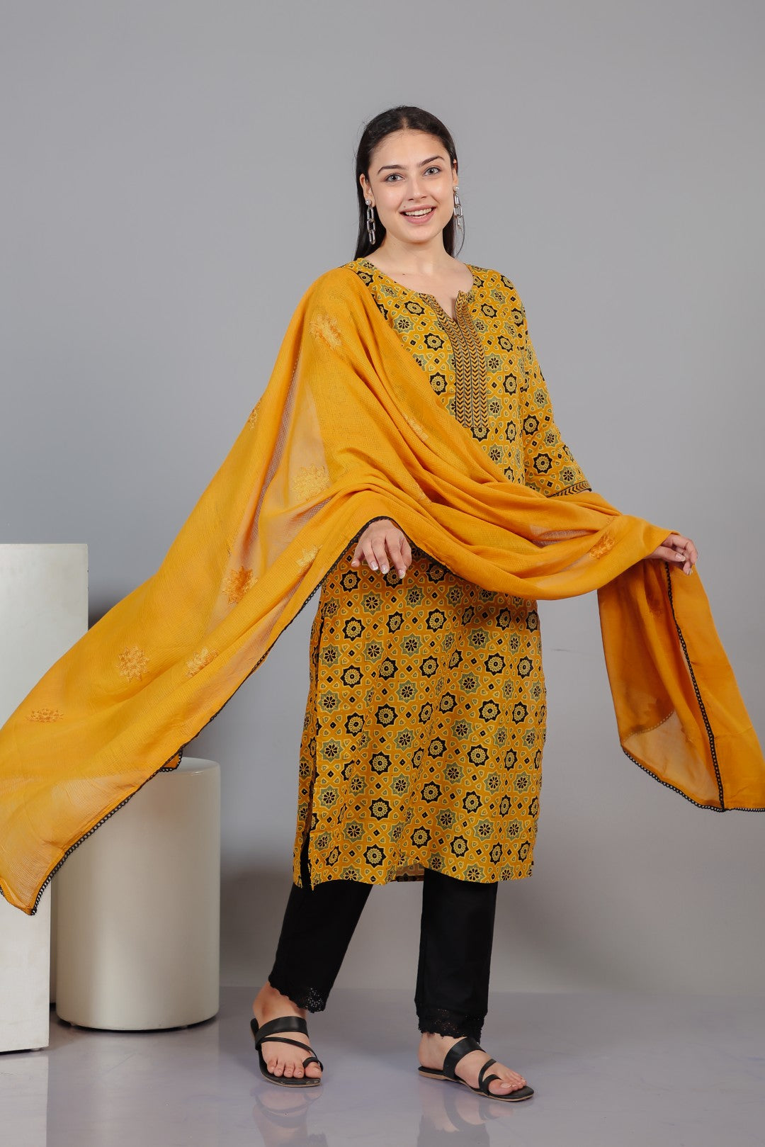 Yellow Cotton Printed Suit with Bottom & Dupatta