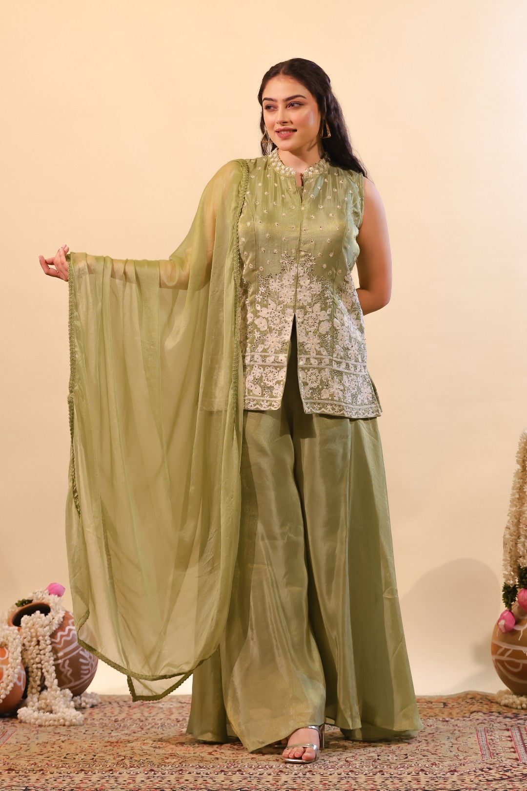 Pista Green Mosh Silk Jacket with Thread & Stone Work, Palazzo & Dupatta