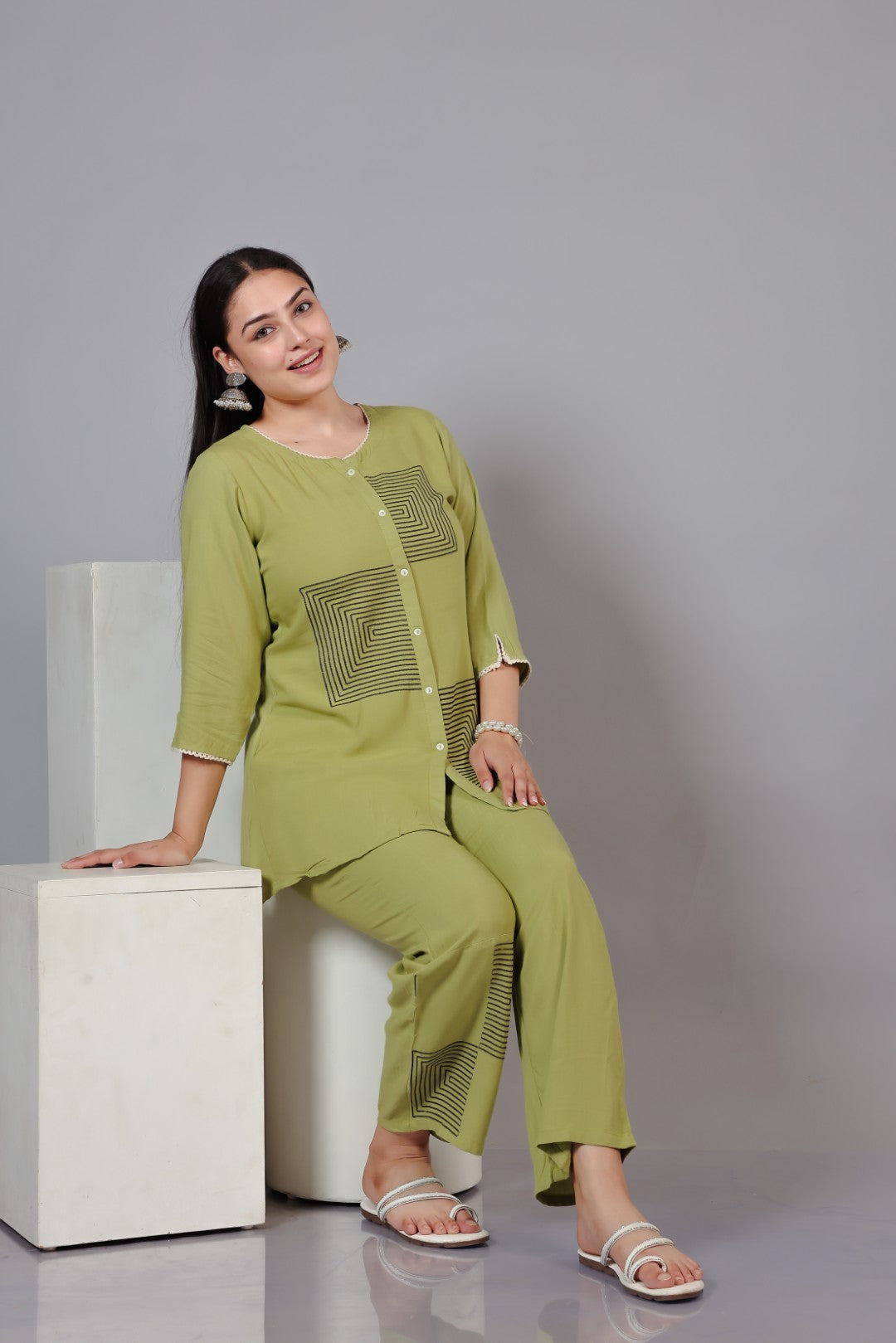 Pista Green Rayon Top with Thread Work Co-ord Set