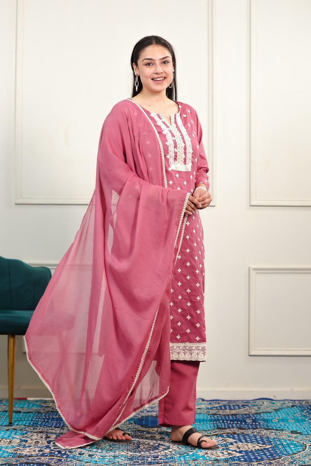 Rose Pink Cotton Suit with Fine Thread Work, Bottom & Dupatta